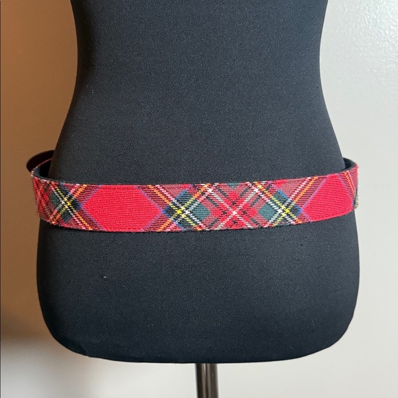Red Tartan Plaid, Leather & Brass Belt SZ 36 - Picture 4 of 10
